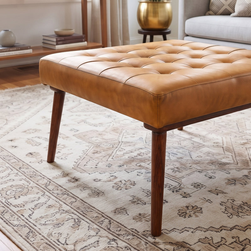 Upholstered Ottoman, Tan Genuine Leather