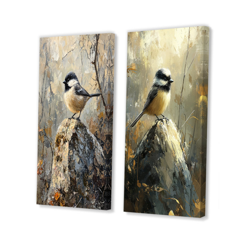 Chickadee Bird On A Pine Cone III - Animals Wall Art 2 Pieces, Wrapped Canvasd, 28" H x 25" W