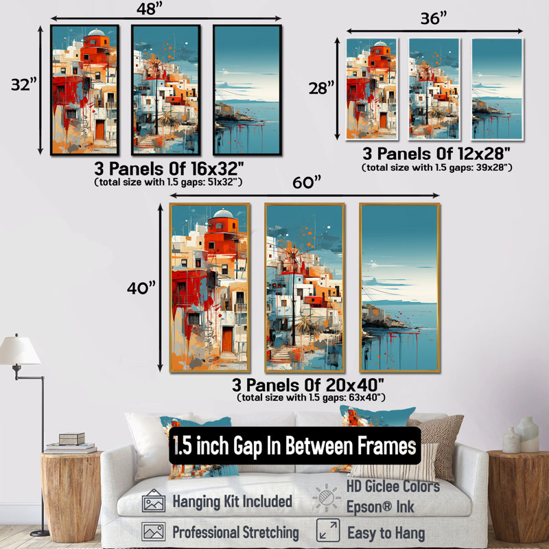 Paysage coloré de la Grèce de Santorin I - Santorini, art mural, Cadre flottant doré, H 32 po x l 48 po x P 1 po