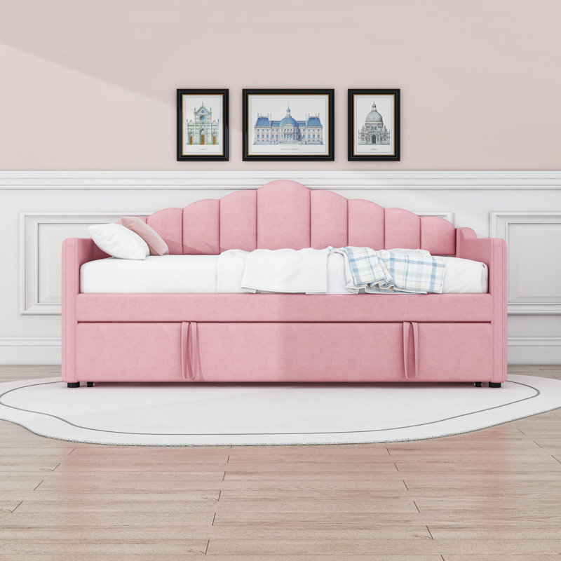 Upholstered Twin Daybed with Twin Pop-Up Trundle, USB & Type-C Ports and Pockets, Pink