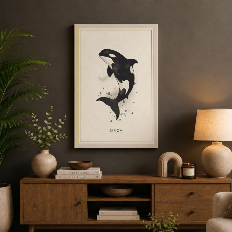 Leaping Orca Minimalist - Wrapped Canvas, 36x24 - 91.4 x 61.0 cm, Teal Border