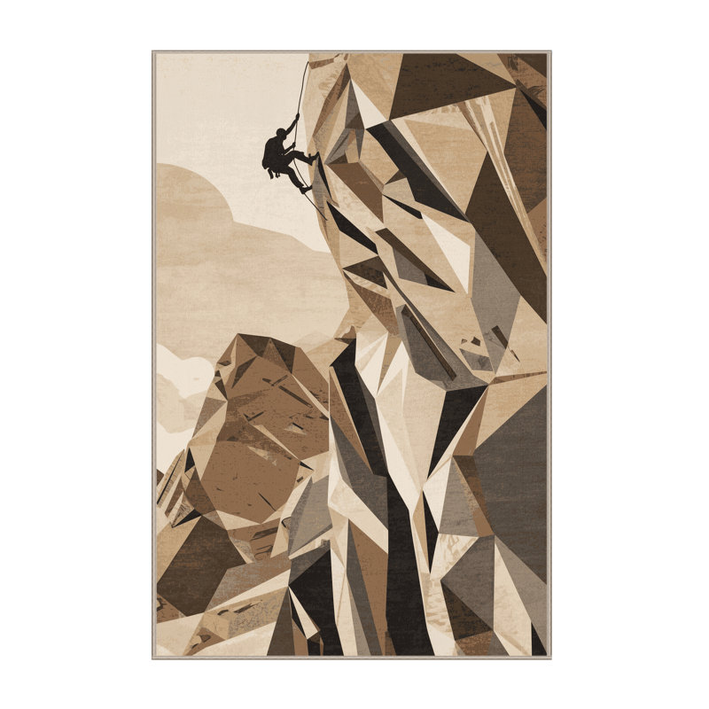 Machine Washable Marvale Cliff Climbing Scene Rustic Geometric Rug in Beige – Beige Binding, 4x6