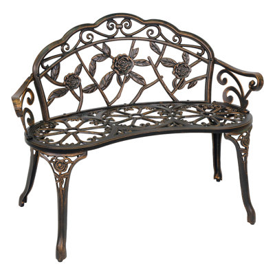 Rose Pattern Cast Aluminum Garden Bench, 2-Seater Vintage Patio Garden Bench With Floral Scrollwork, Vintage Patio Furniture for Backyard, Porch, Garden