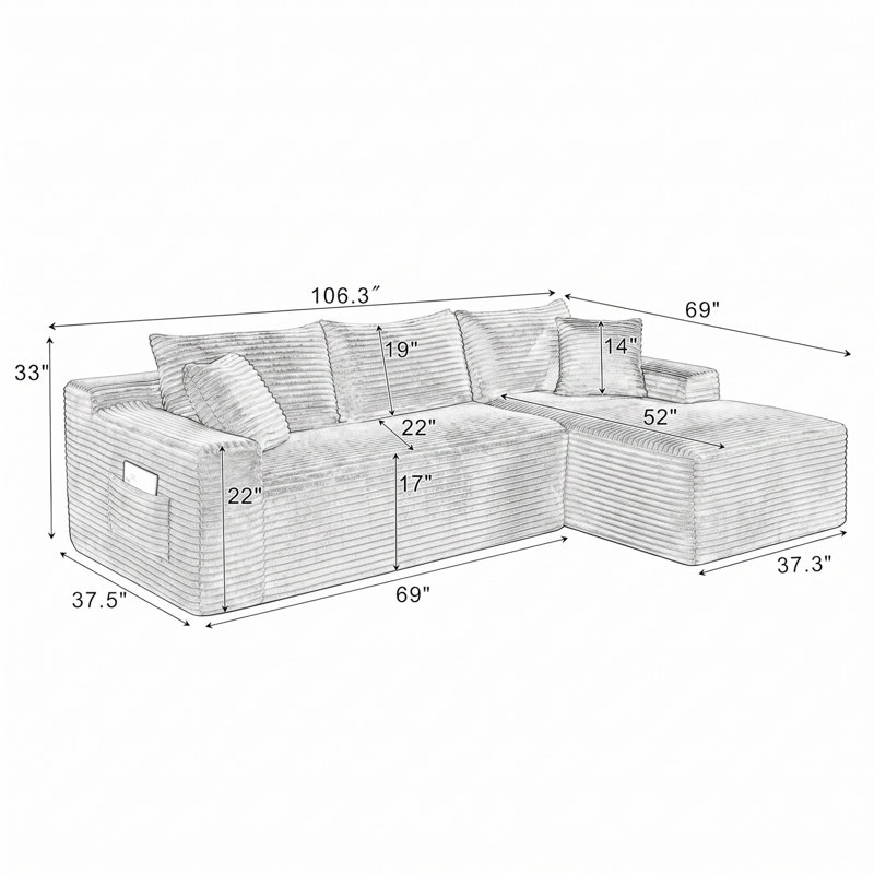Canapé modulaire 106,32 "avec canapé en L modulaire avec méridienne en forme de L, canapé modulaire rembourré en velours côtelé faisant face à la droite pour le salon, la chambre à coucher
