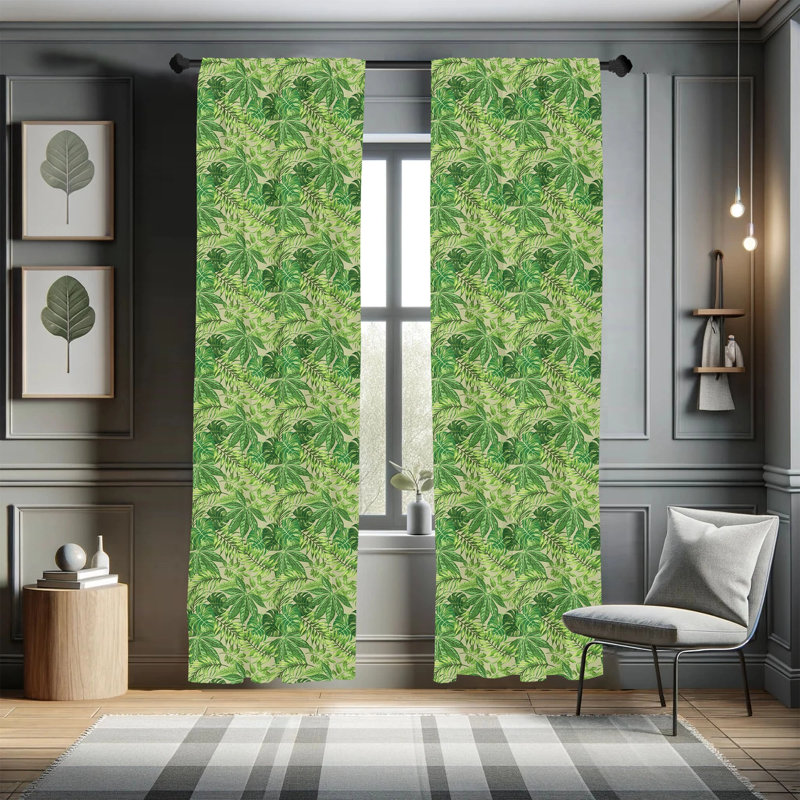 Green Leaf Patterned Light Filtering Rod Pocket Curtain Panels