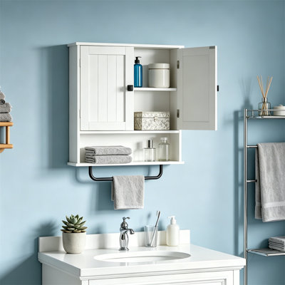 Wall Mounted Medicine Cabinet, White – Over Toilet Storage with Towel Bar & 2 Adjustable Shelves