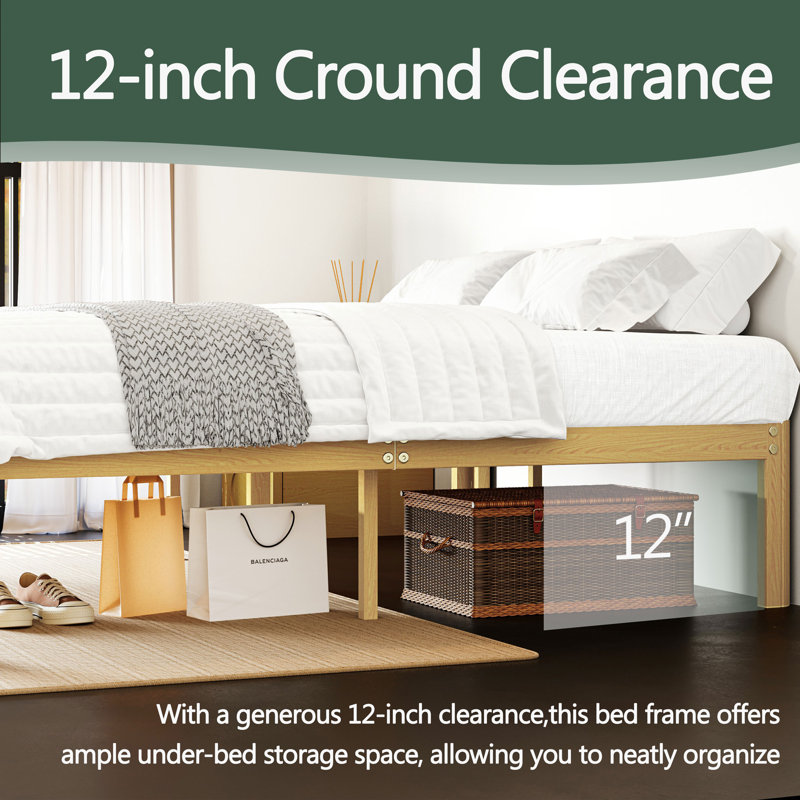 14" King Size  Heavy Duty Metal Bed Frame with Wood Pattern, Noise Free Platform Bed with Steel Slats & Underbed Storage, No Box Spring Needed