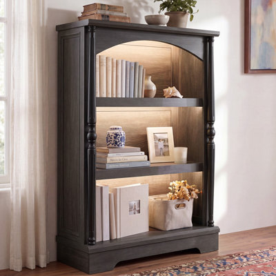 3-Tier Bookcase with LED Lights, Arched Bookshelf with Solid Wood Classical Columns, Wooden Open Display Storage Bookshelves for Home Office, Living Room, Black