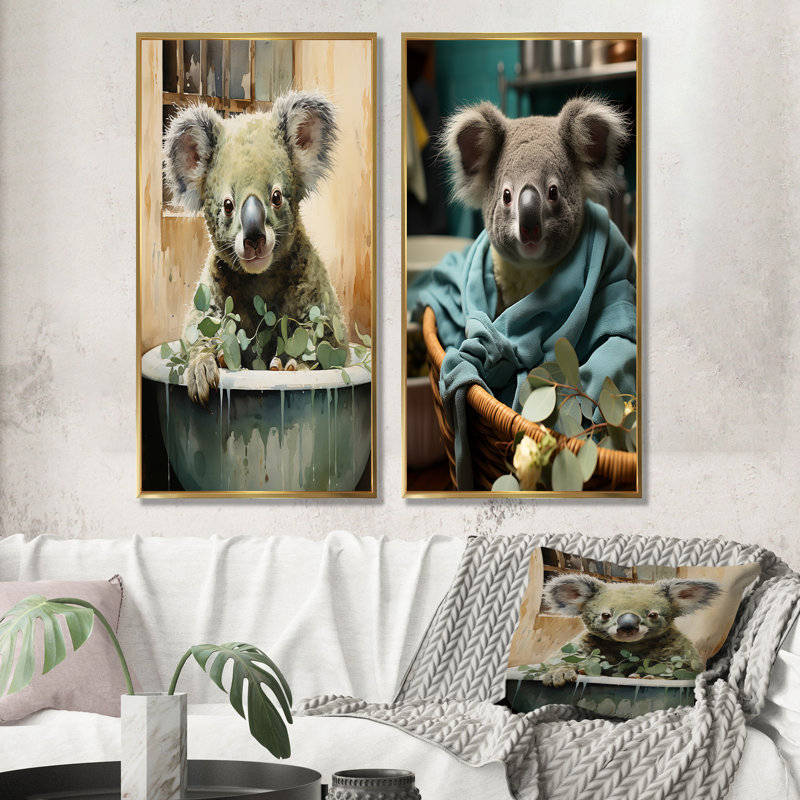 Ensemble de 2 décorations murales Koalas Laundry Time - Koala, H 32 po x l 33 po, Encadrement doré