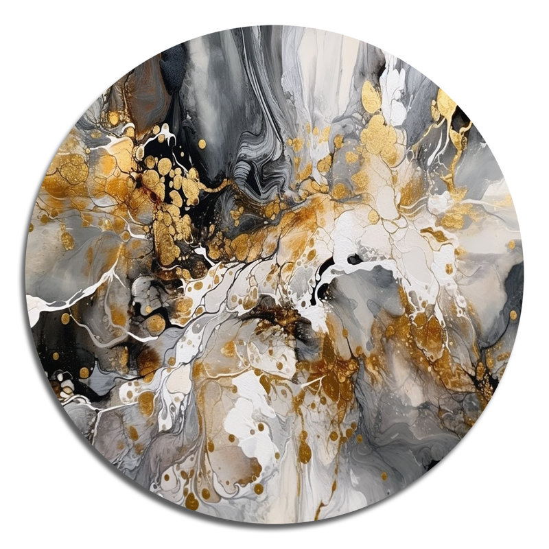Gris délicat et délicat, coups de pinceau abstraits IV - marbre abstrait, art mural rond sur métal