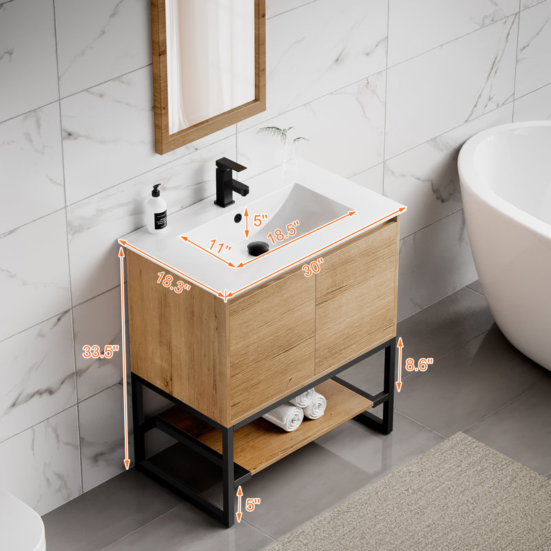 Azai 30'' Modern Single Bathroom Vanity with Ceramic Sink Top, Faucet, Open Shelf, Metal Frame, Nature