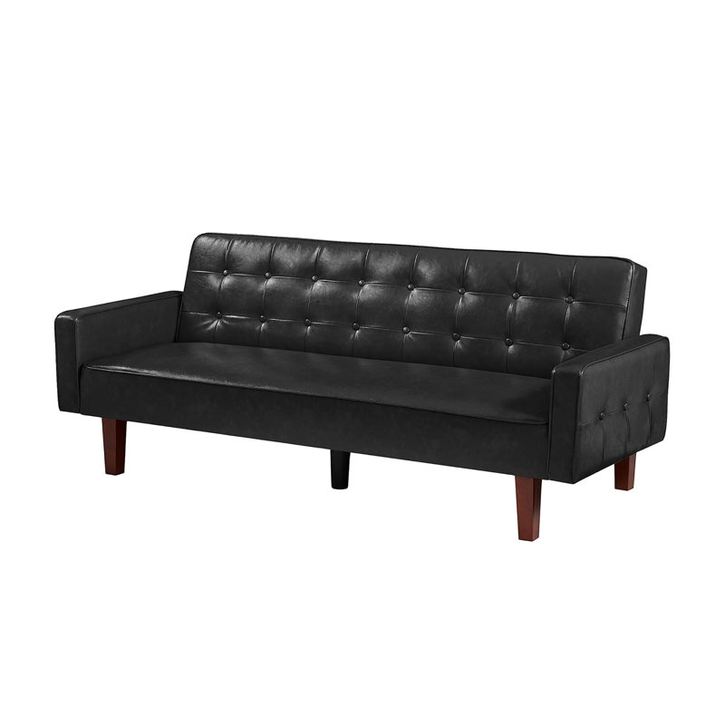 74.4'' Faux Leather Square Arm Sofa Bed, Faux Leather Black, 66.14" W x 28.93" H x 37.79" D