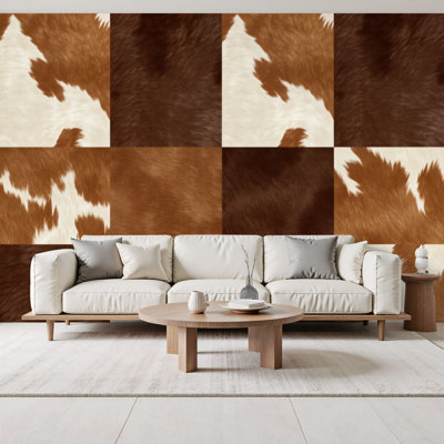 Peel and Stick Wallpaper Brown White Cowhide Patchwork Rustic Fur Texture Wall Murals 69"H x 96"W Removable PVC Wall Paper Self-Adhesive Wall Decor for Bedroom Living Room Home Office