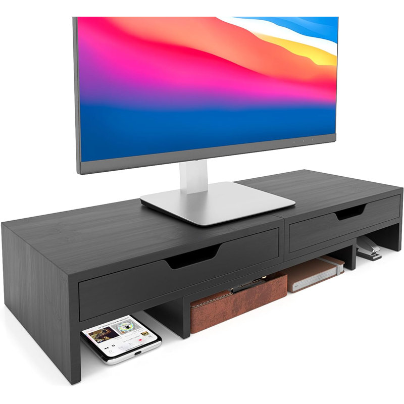 Monitor Stand With 2 Storage Drawers, Premium Bamboo Dual Monitor Stand Riser With Adjustable Length And Angle, Desk Organizer For Computer Laptop,  Black