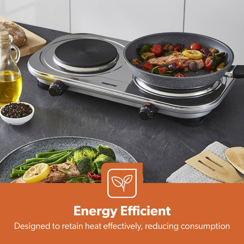 GEEPAS 2500W Stainless Steel Double Hot Plate – Portable Electric Hob Double Burner with Adjustable Temperature Control, Cast Iron – Lightweight & Portable Great to use at Campsites Caravans & Bedsits