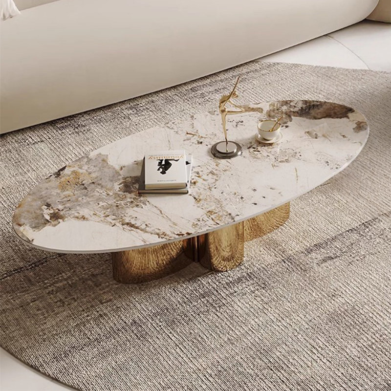 Table basse ovale en marbre de luxe avec pieds en titane doré, 15.75" H x 55.12" W x 31.5" D, Pandora Pattern / Gold Titanium
