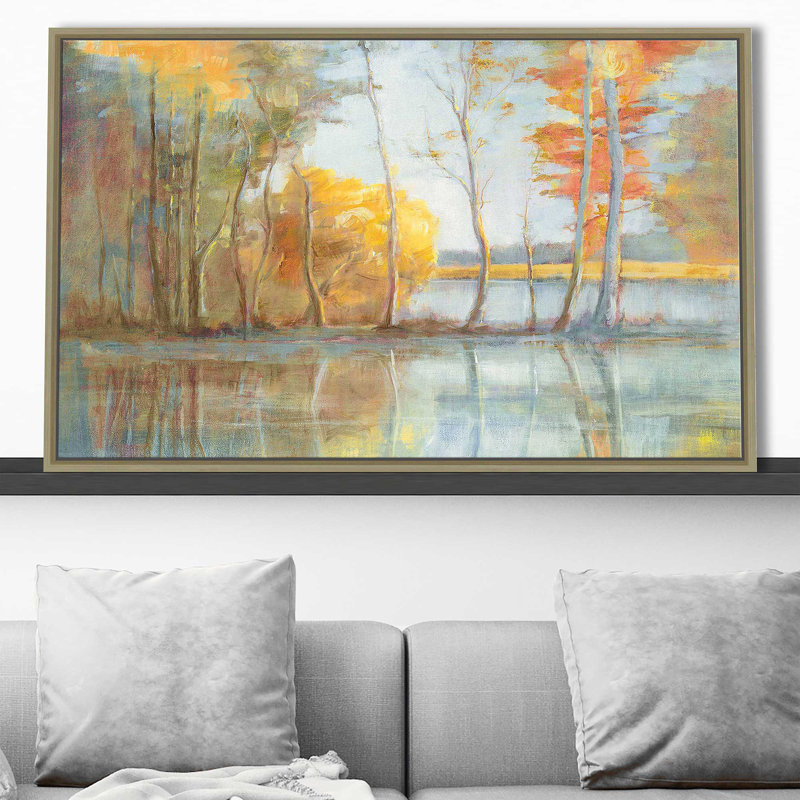 Lakeside Reflection - Peinture, Cadre flottant champagne, H 39,5 po x l 63,5 po x P 2 po