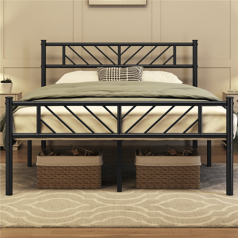 Minimalist Metal Slatted Bed Platform with Arrow Design Headboard, Black, Double (4'6)
