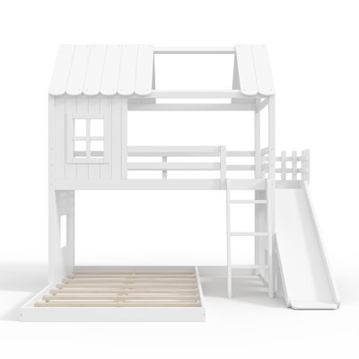 Lit superposé en bois massif, lit superposé cabane avec échelles et barrières de sécurité intégrales, lit superposé au sol avec armoire et placard intégrés, cadre de lit cabane pour chambre d'enfant (filles et garçons)