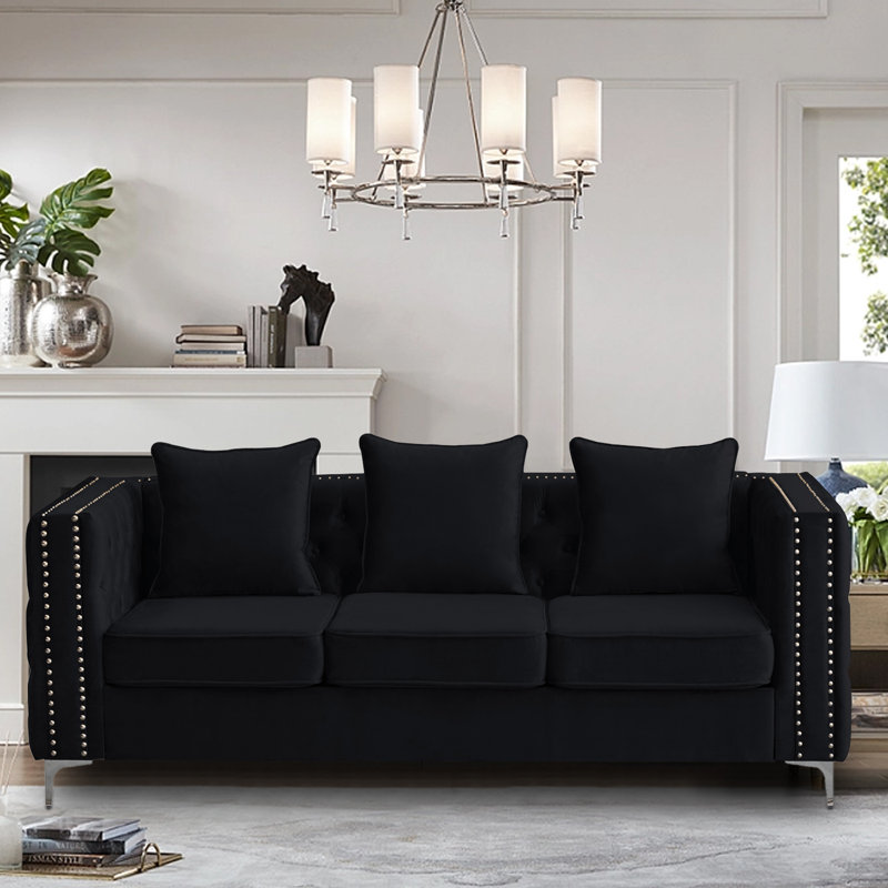 Habbe 84.6'' Velvet Sofa, Black Velvet