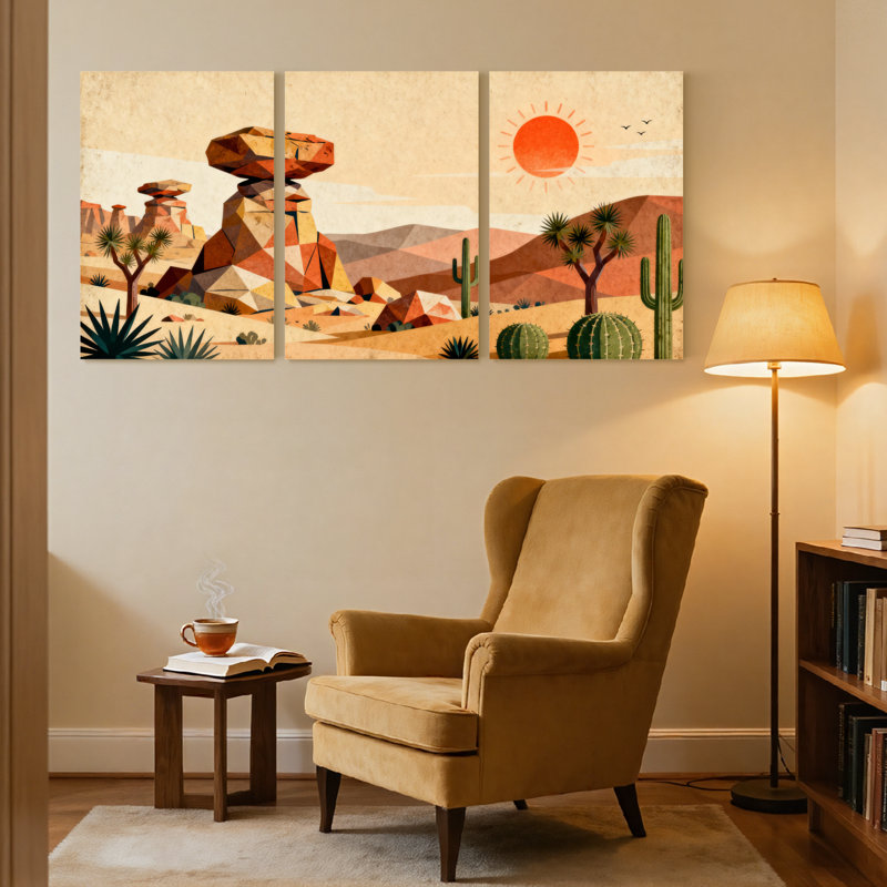 «Landscape & Nature Desert Landscape with Cacti and Rock Formations», ensemble de 3 impressions d'art sur toile