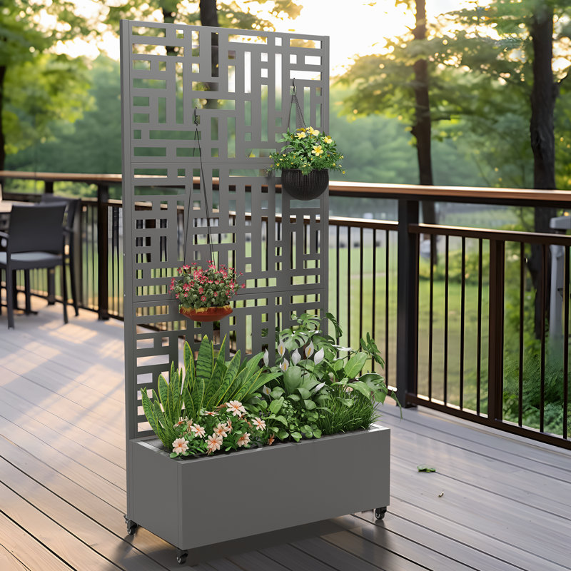 Metal Raised Garden Bed with Trellis on Wheels Weather-Resistant Planter Box with Garden Divider, Grey