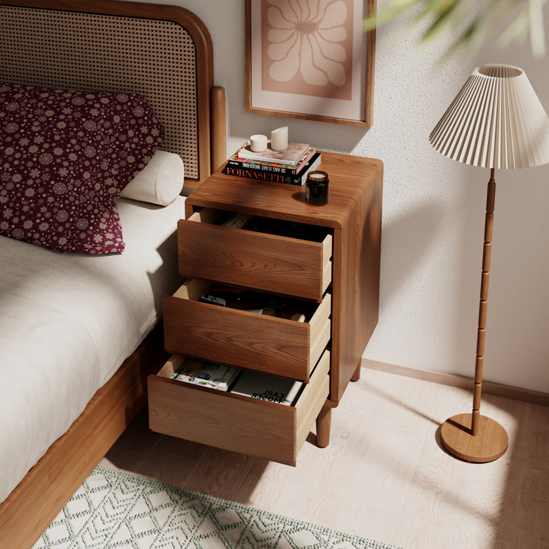 Solid Wood Mid-Century Modern Nightstand, Brown, 25.9" H