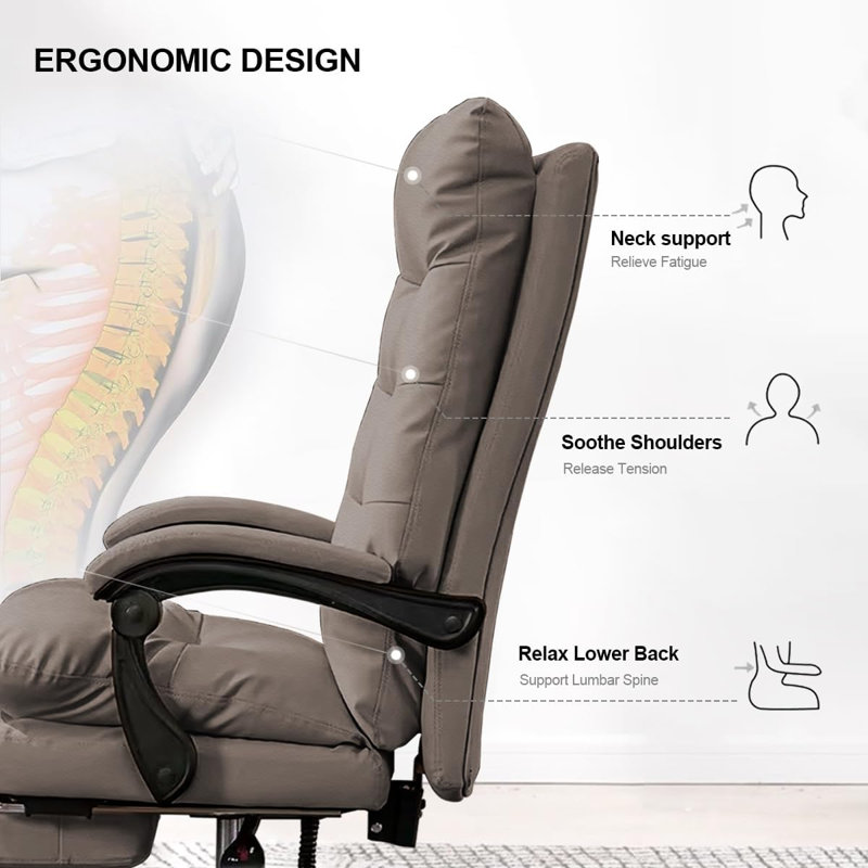 HDHNBA Reclining Height Adjustable Gaming Chair PU Leather Retractable Footrest Ergonomic High Back Design, Khaki