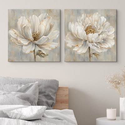 Soft White Magnolia Blossoms With Beige Blue Floral Elegance Framed Canvas Master Bedroom Wall Art Work 2 Pieces Print Set