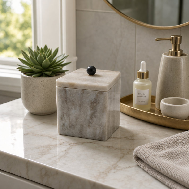 Boîte décorative carrée moderne en marbre avec couvercle pour salon - Organisateur de rangement contemporain, objet décoratif pour entrée - 12,7 cm, beige et brun