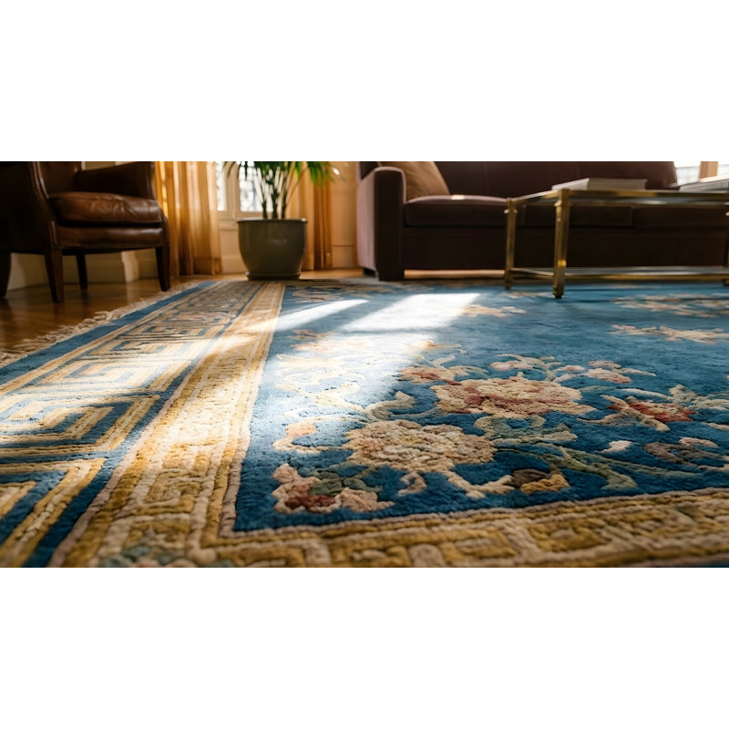 Tapis art déco chinois en laine noué à la main bleu antique des années 1920