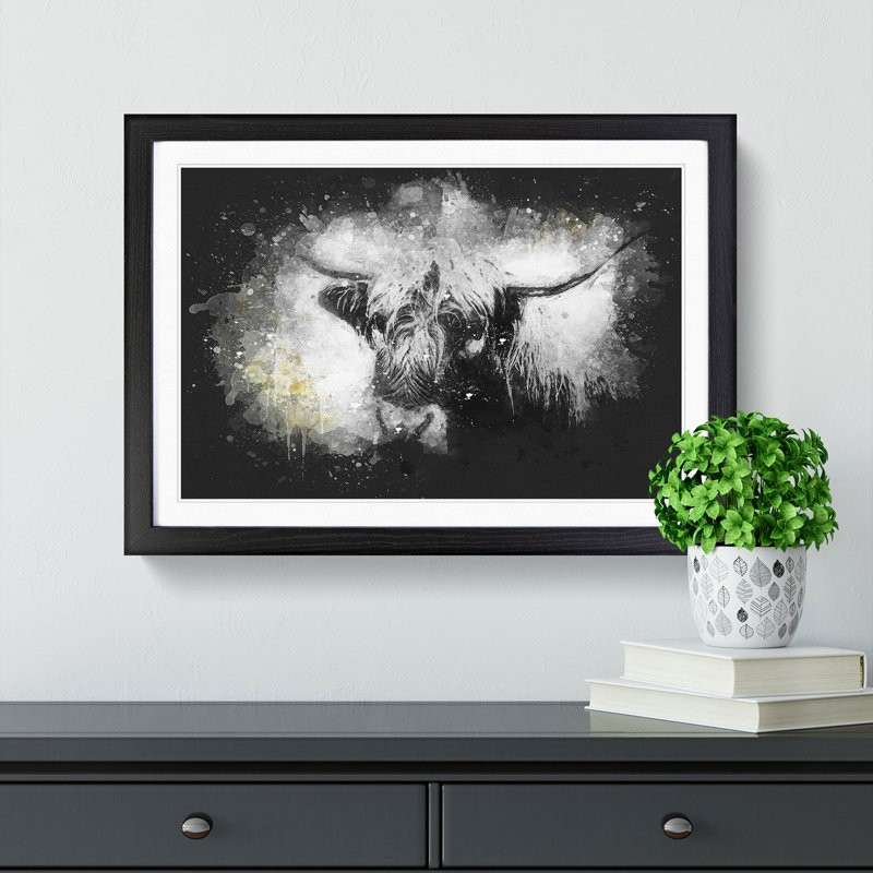 Paint Splattered Highland Cow Framed Print, 60cm H x 91cm W x 2cm D, Black Framed