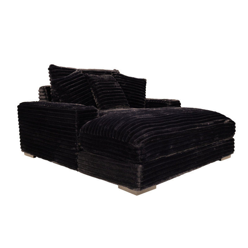 Chaise longue moderne transitionnelle en velours côtelé géant noir, 2 porte-gobelets, portos, pieds à profil bas et coussins élégants décontractés avec une teinte chaleureuse en bois