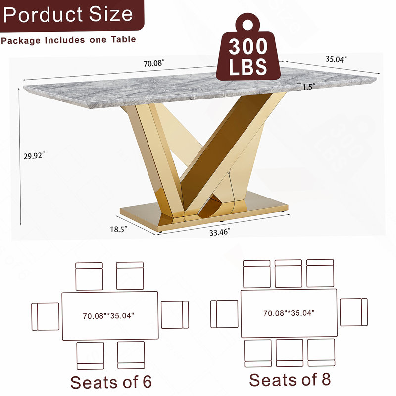 Table de salle à manger en marbre pour 6 personnes, table de salle à manger rectangulaire en faux marbre 70 po avec base en acier inoxydable à finition miroir, table de cuisine moderne en marbre de grande taille (doré, gris) (SEULEMENT TABLE)
