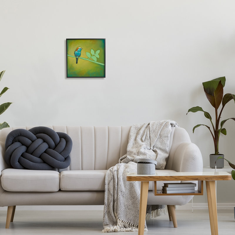Oiseau sur une branche verte par Stacy Daguiar, H 12 po x l 12 po x P 1,5 po, Giclée encadrée noir minuit