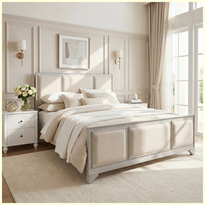 Queen Size Bed Frame Queen Size Solid Wood with Upholstered & Headboard White for Bedroom Living Room