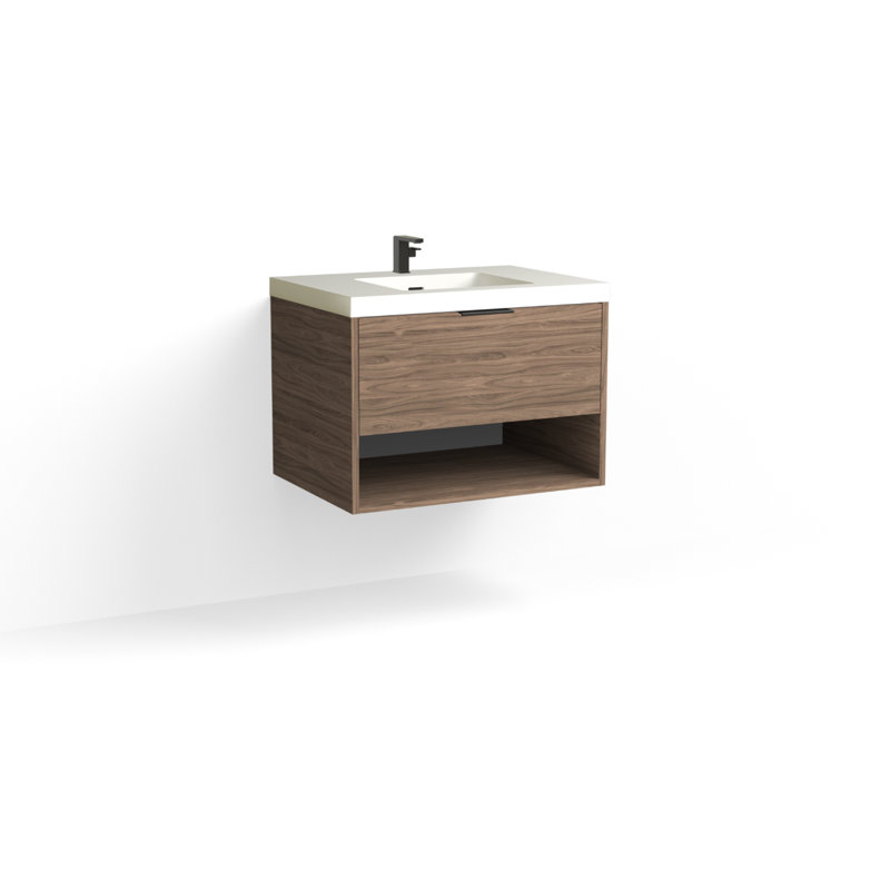 Modo 30" W Wall Mounted Single Bathroom Vanity, Glossy White/Single, Satin Brass, Nocino