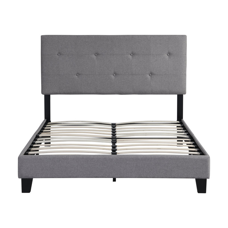 Structure de lit double tapissier pleine grandeur avec tête de lit moderne en tissu capitonné à boutons, aucun sommier requis, support à lattes de bois, assemblage facile, gris