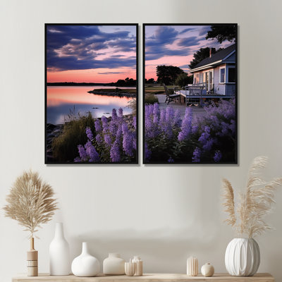 «Mauve Lakehouse Serenade», art mural sur toile traditionnel