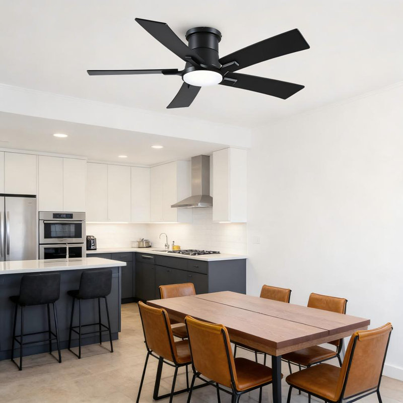Modern 46" Indoor Matte Black Flush Mount Ceiling Fan with Integrated LED, Remote and  5 Two-Tone Blades, Black/Brown, 46"