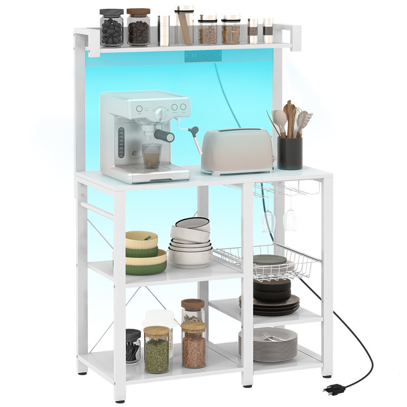 White Composite Kitchen Baker's Rack with LED Lights and Charging Station