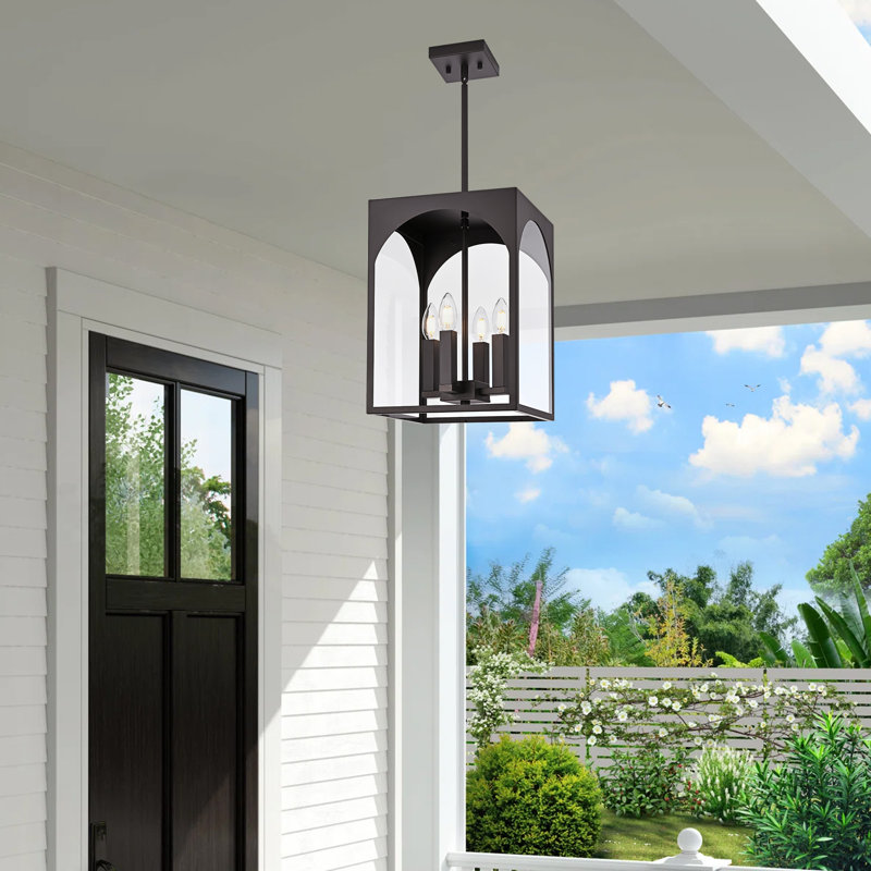 Farmhouse Outdoor Pendant Light, 4-Light Oil Rubbed Bronze Lantern Chandelier Ceiling Light Fixture Adjustable Height Hanging Lighting With Clear Glass For Porch, Kitchen Island, Dining Room, Entryway