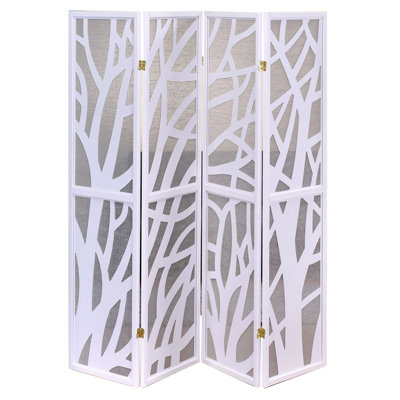 Corleone White 4 Panel Screen With Tree Design With Jute Inlay by Wrought Studio