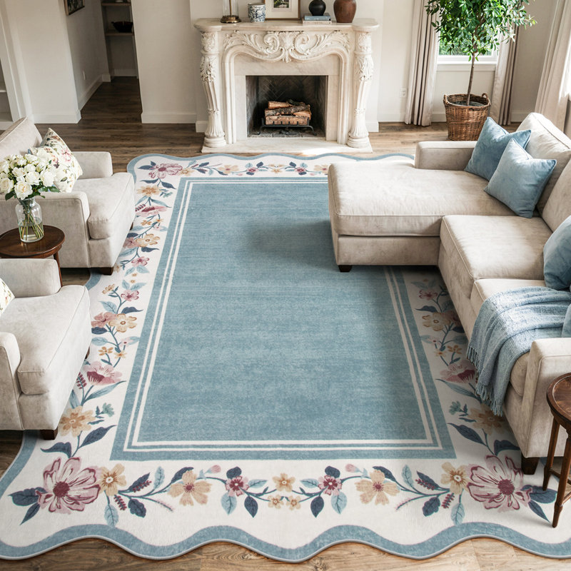 Floral Scalloped Rug Vintage Boho Washable Area Rug Soft Bedroom Rugs Non-Slip Throw Carpet, Rectangle 8' x 10'