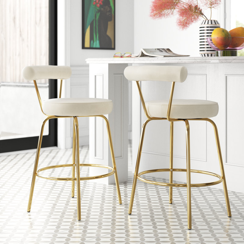 Kayson 25.5" Gold Swivel Upholstered Counter Stools, Cream Velvet