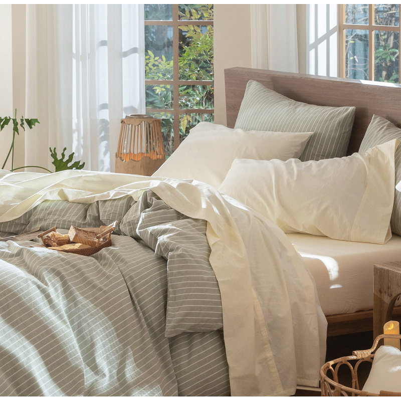 Ensemble de draps MooMee, Blanc, crème, Ensemble de draps pour lit double avec 2 taies d'o