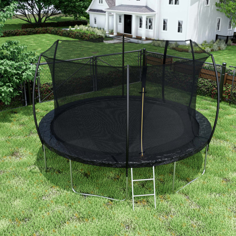 Trampoline (coussin de couleur double face), trampoline pour enfants et adultes avec filet et échelle, poteau de clôture incurvé