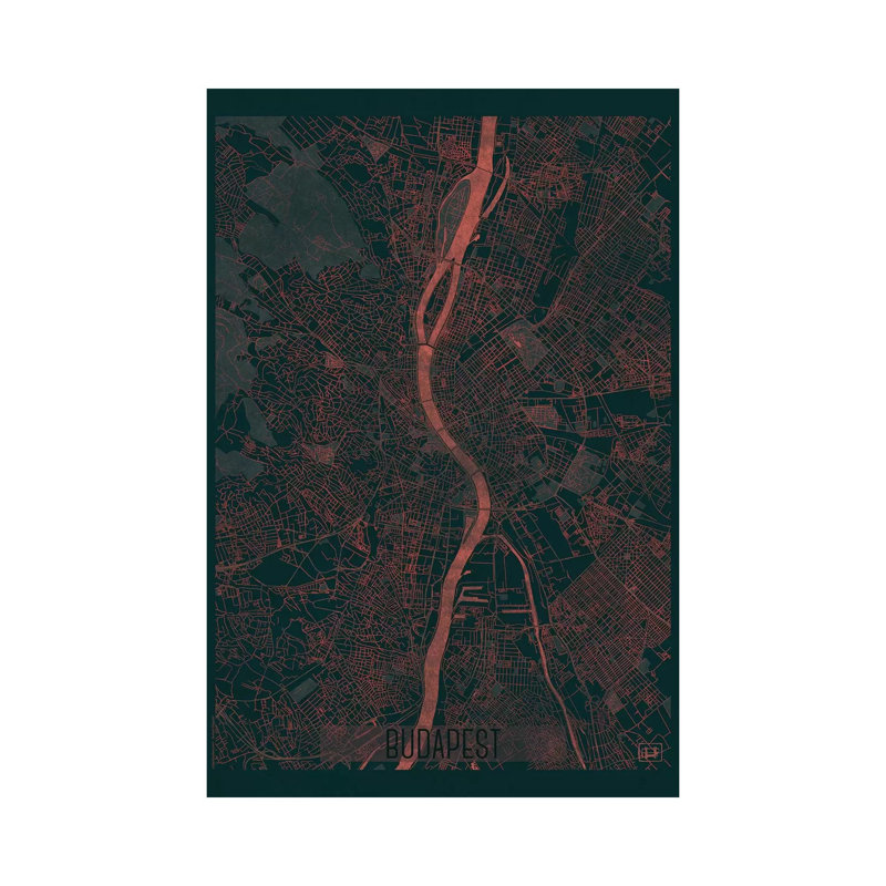 Budapest Infrared Urban Blueprint Map 1 Piece Wrapped Canvas Wall Art, 30.48 cm H x 45.72 cm W