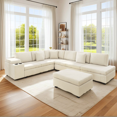 5-Piece L-Shaped Corduroy Corner Sectional With Removable Ottoman,Convertible Sleeper Sofa With Hidden Armrest Storage & USB Charging Ports