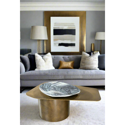 Modern Irregular Alexis Marble Top Coffee Table with 360° Swivel Top – Sculptural Metal Base in Brass Finish